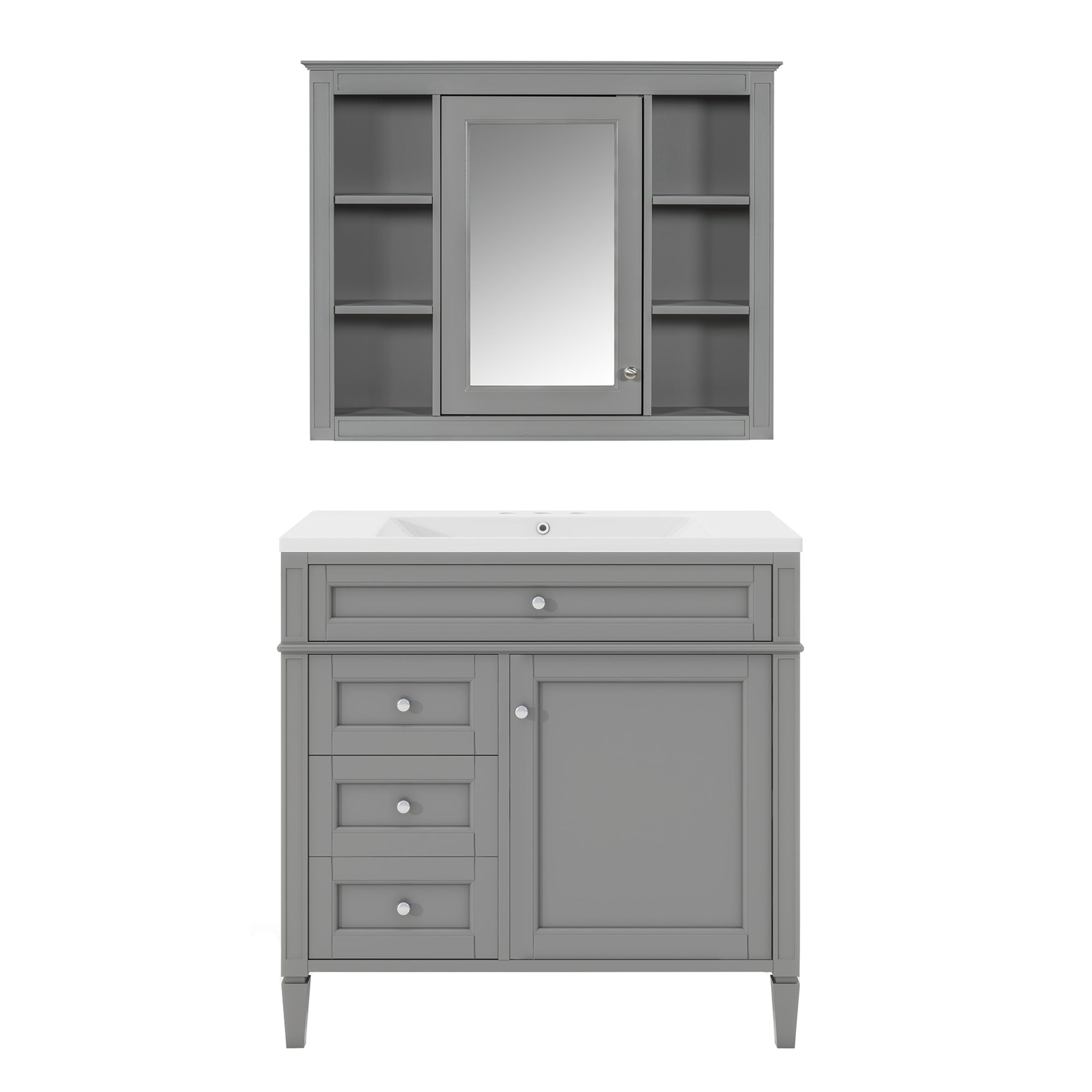 VanityFus 36-in Gray Bathroom Vanity Single Sink Medicine Cabinet Combo with Ceramic Top Undermount 2 Soft Close Doors 3 Drawers Adjustable Shelves (Mirror Included)
